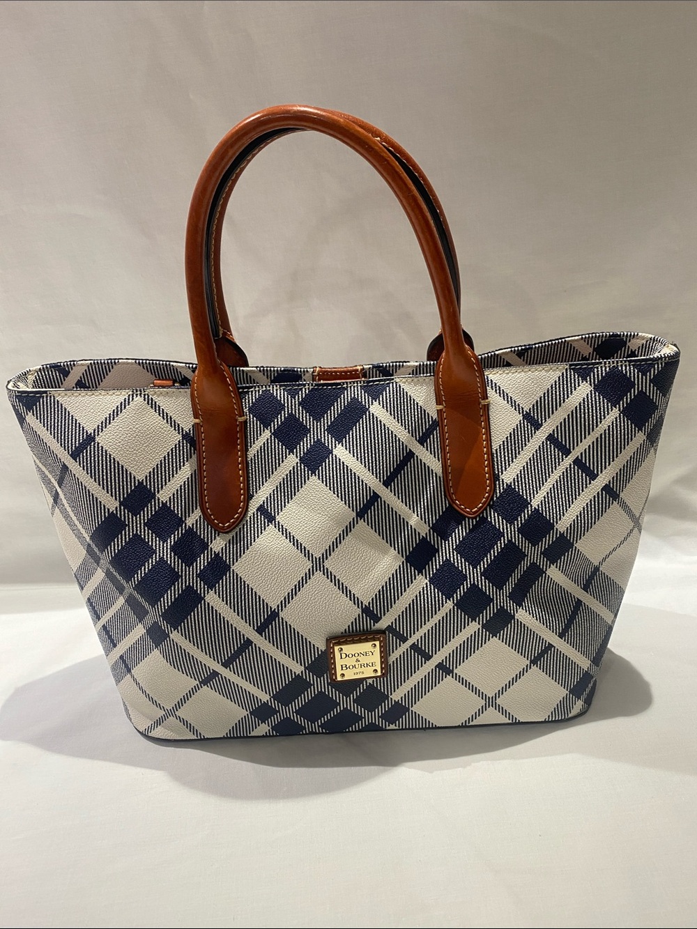 Dooney & Bourke Navy Plaid Tote with Brown Leather Handles